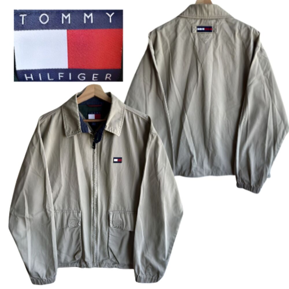Vintage Tommy Hilfiger Jacket Mens Medium Bomber Khaki Harrington 90s Preppy USA